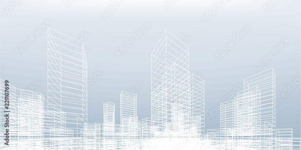 Aufkleber abstract wireframe city background. perspective 3d render of building wireframe. vector.