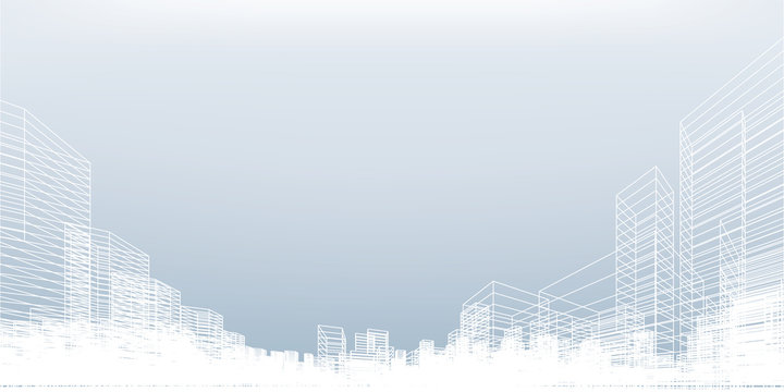 Abstract wireframe city background. Perspective 3D render of building wireframe. Vector.