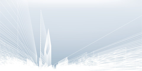 Abstract wireframe city background. Perspective 3D render of building wireframe. Vector.
