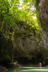 Martvili, Georgia - June 22 2018: Tourist boat excursion of Martvili Canyon