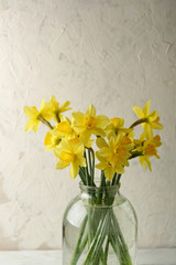 Yellow narcissus flowers in glass jar