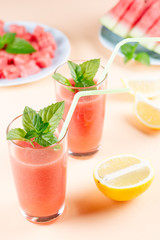 Watermelon smoothie with banana and lemon. Summer healthy refreshment drink