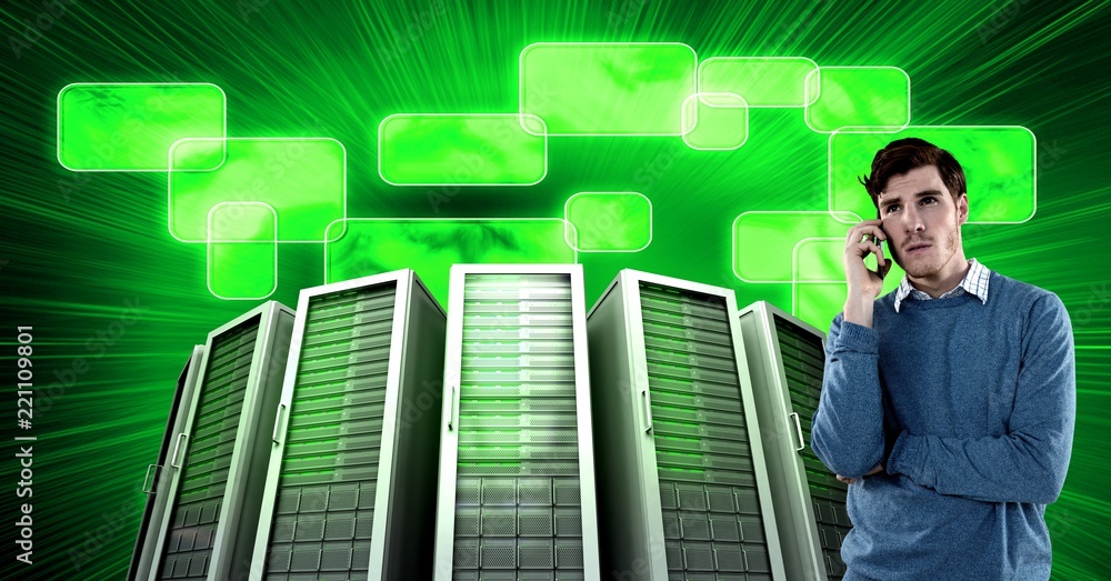 Poster man with computer servers and technology information interface