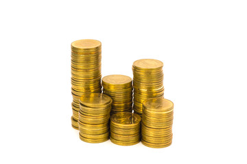 Columns of coins, piles of coins on white background, business and financial concept.