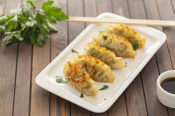 Pan Fried Dumpling, with sauce. Asian food. 