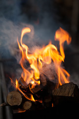 Fire with charcoals. Burning wood. Macro. Live flames with smoke. Wood with flame for barbecue and cooking bbq. Bright color.