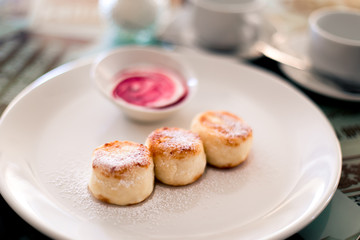 Russian syrniki or sirniki, cottage cheese pancakes