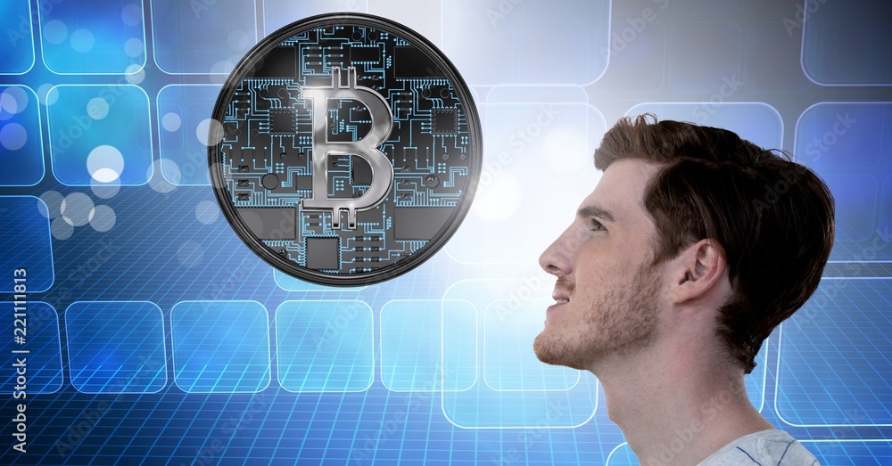 Poster man with computer servers and bitcoin technology information