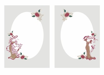Frame, postcard. Vintage girls in hats with umbrellas. The oval frame. Greeting card to congratulations. Vector