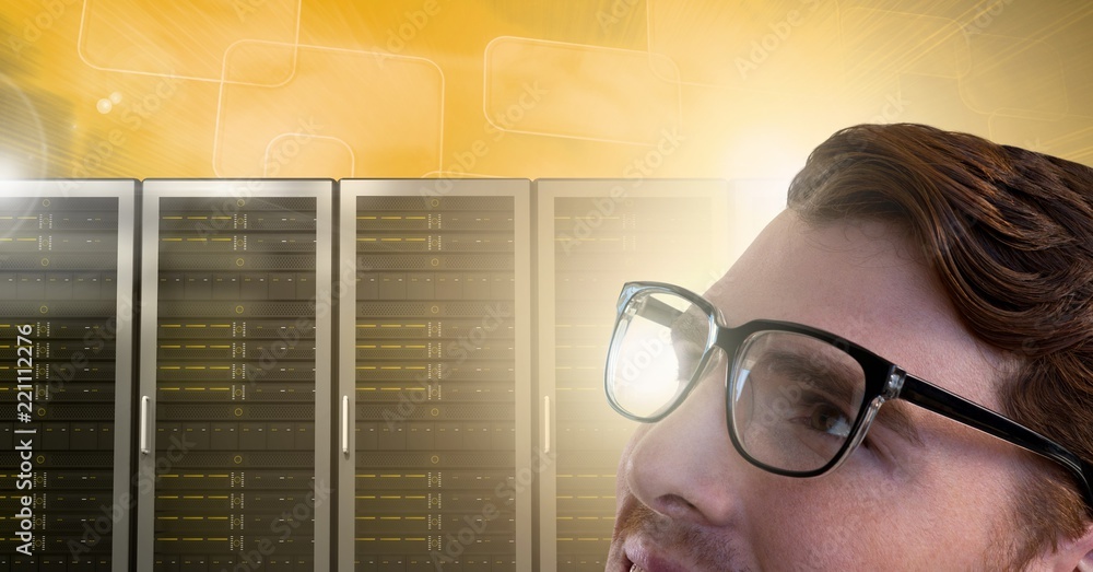 Poster man with computer servers and glasses