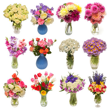 Collection of beautiful bouquets flowers in vases isolated on white background. Flat lay, top view
