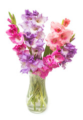 Beautiful bouquet pink fashionable gladiolus flower in a vase isolated on white background. Wedding bouquet of the bride