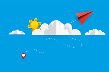 illustration of origami cloudscape, plane flying on sky with paper cloud and sun. design by paper art and digital craft style.