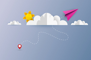 illustration of origami cloudscape, plane flying on sky with paper cloud and sun. design by paper art and digital craft style.