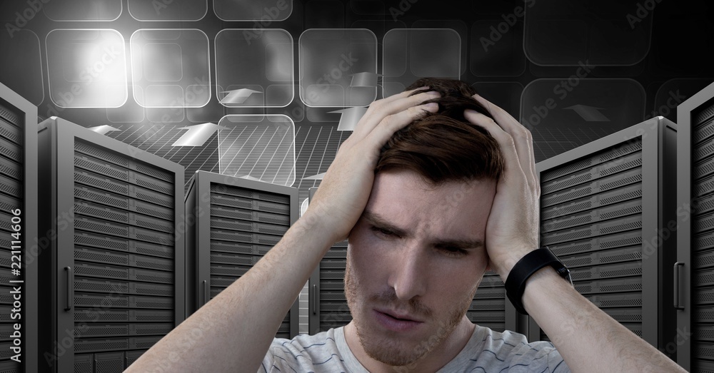 Poster man with computer servers and technology information interface