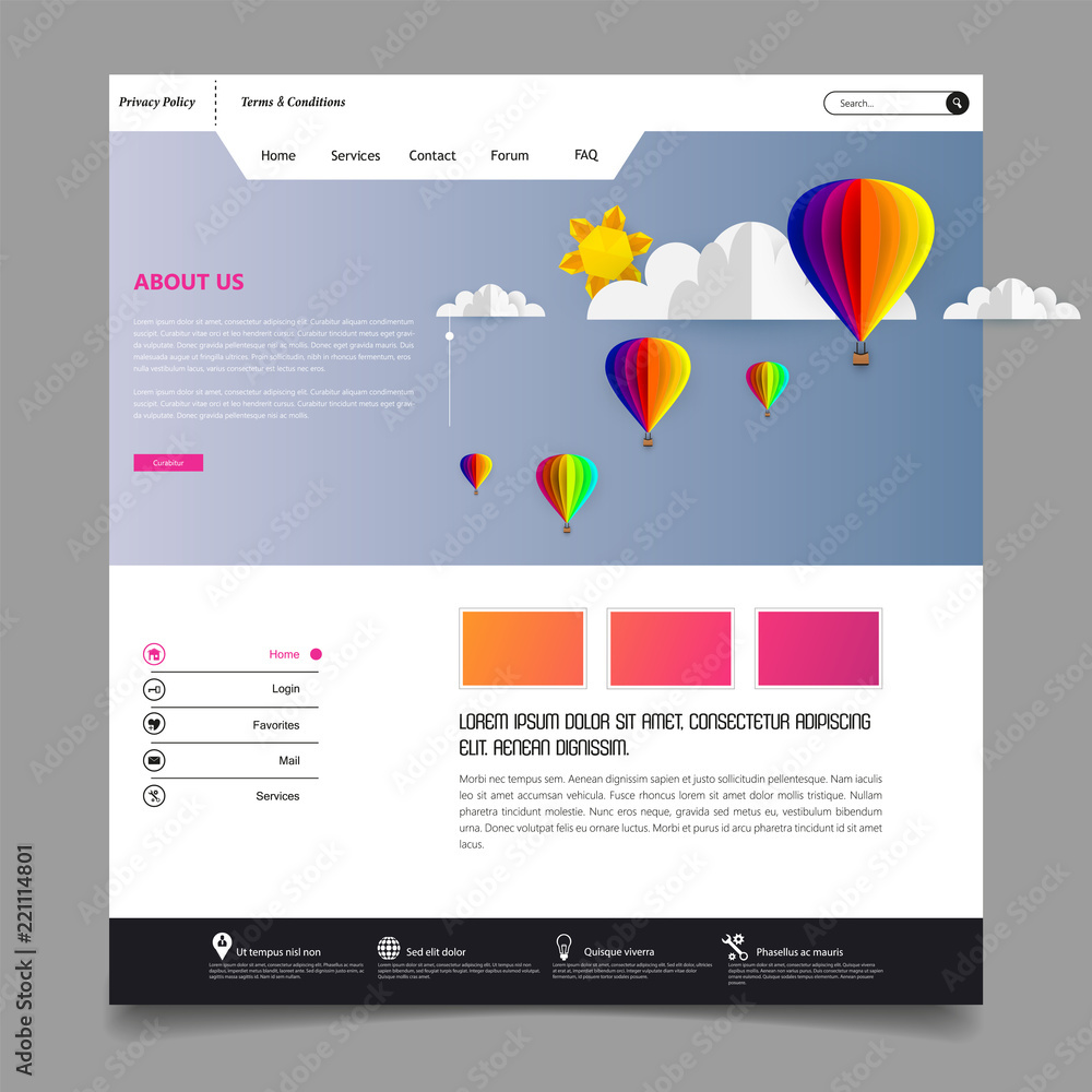 Poster colorful vector website with origami paper clouds and sky header design.