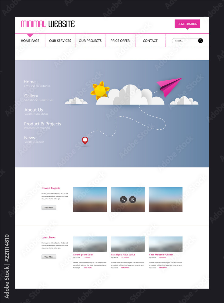 Poster colorful vector website with origami paper clouds and sky header design.