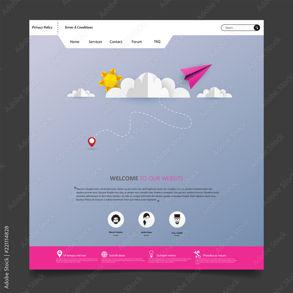 Poster colorful vector website with origami paper clouds and sky header design.
