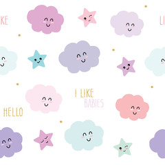 Obraz premium Cute seamless pattern background with cartoon kawaii stars and clouds. For kids clothes, pajamas, baby shower design.