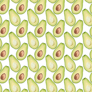 Vector seamless pattern of avocado slice on white background. Avocado cut texture