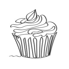 Minimalistic continuous one line drawing of a cupcake in black and grey.