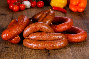 Pork sausages over wooden