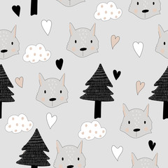 Seamless pattern of cute wolf and forest. For printing on fabric, paper. Children's book illustration. Scrawl. - 221117875