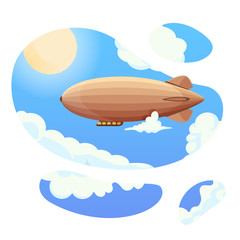 Airship in blue sky and clouds. Vintage airship Zeppelin. Dirigible balloon