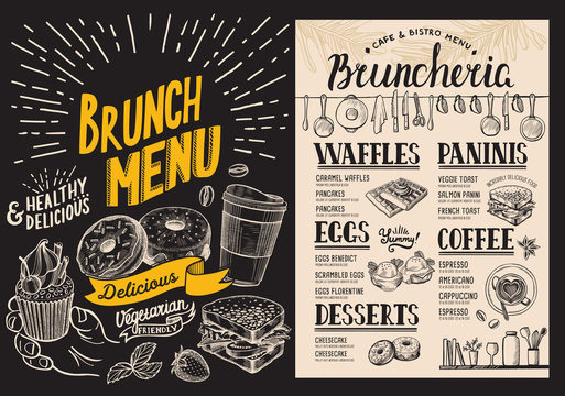 Brunch restaurant menu on blackboard background. Vector food flyer for bar and cafe. Design template with vintage hand-drawn illustrations.