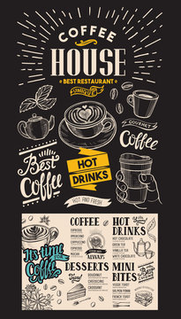 Coffee restaurant menu. Vector drink flyer for bar and cafe. Design template with vintage hand-drawn food illustrations on chalkboard background.