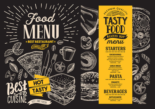 Food menu. Vector restaurant flyer on blackboard background. Design template with vintage hand-drawn illustrations.