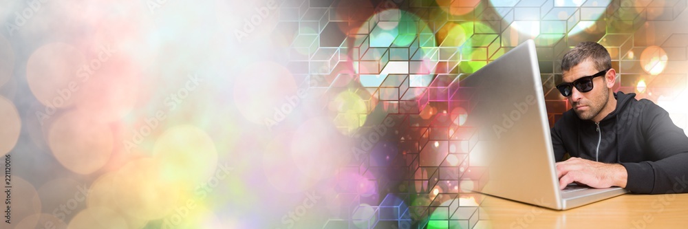 Poster man with sunglasses using laptop with geometric transitions