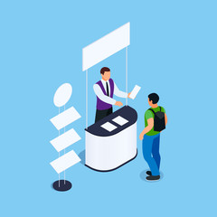 Isometric promotional booth with promoter.