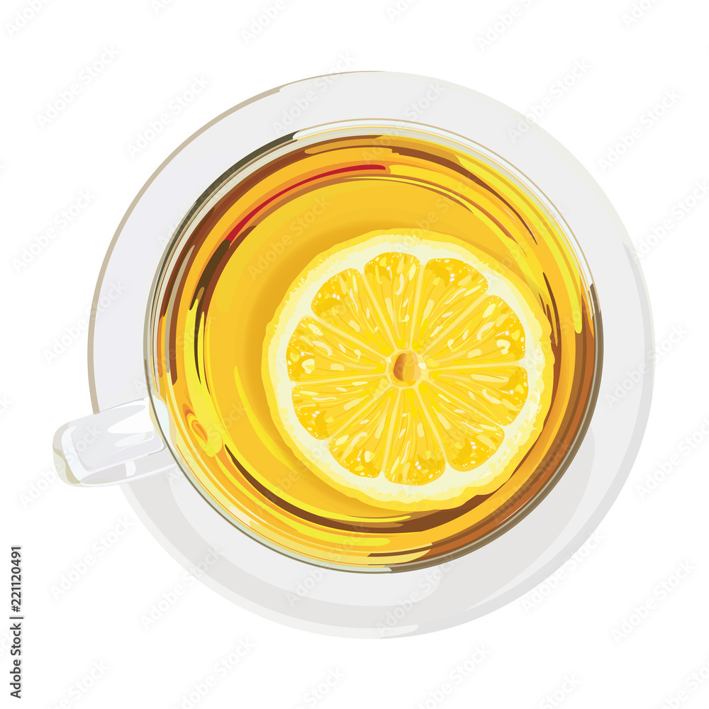 Sticker Cup of tea with lemon, top view.