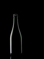 Dark green wine bottle, on black background. Minimalistic.