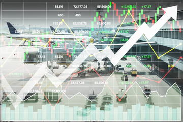 Business marketing data with arrow up show profit and success in travel business investment and air cargo logistic transportation on index and graph of stock market data background.
