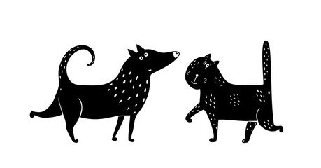 Fototapeta premium Domestic animals cat and dog monochrome design. Vector illustration.