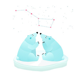 Constellation of the great bear and polar bears looking.