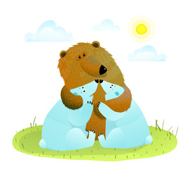 Fototapeta premium Brown bear hugging little white bear cubs.