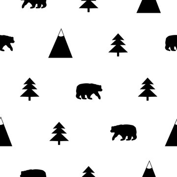 Seamless pattern with black bear, mountains and fir-tree on the white background.