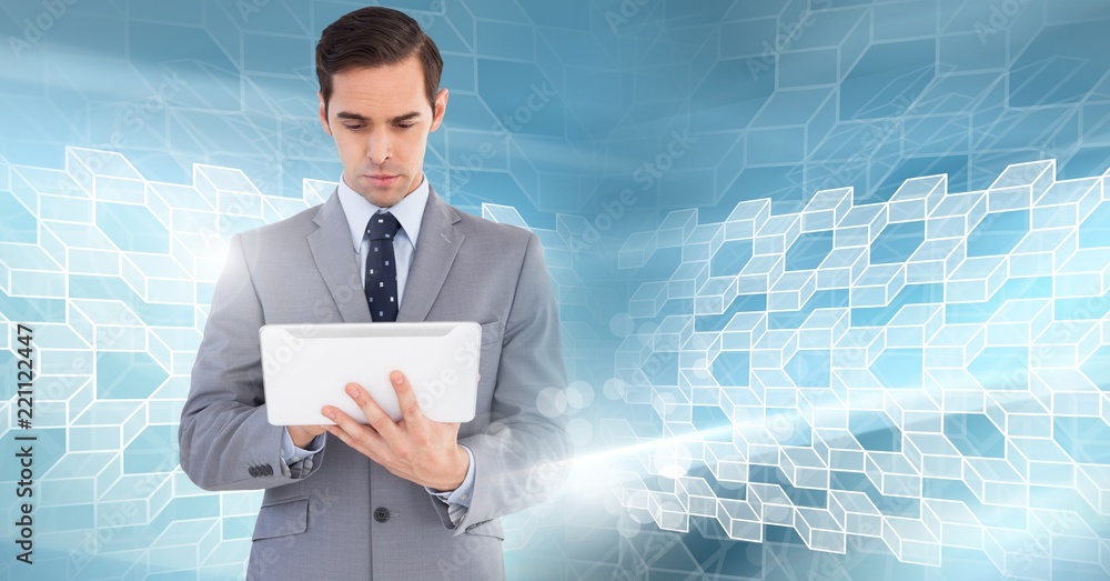 Poster man using tablet with geometric transition