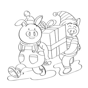 two pig with gift box in hand