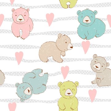 Vector cute seamless pattern with cartoon bears