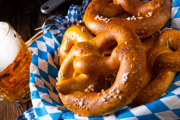 real homemade bavarian salty pretzel with beer