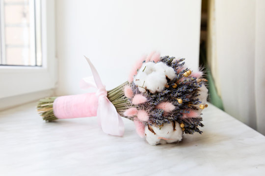 Beautiful Bridal Bouquet With Dried Flowers And Cotton