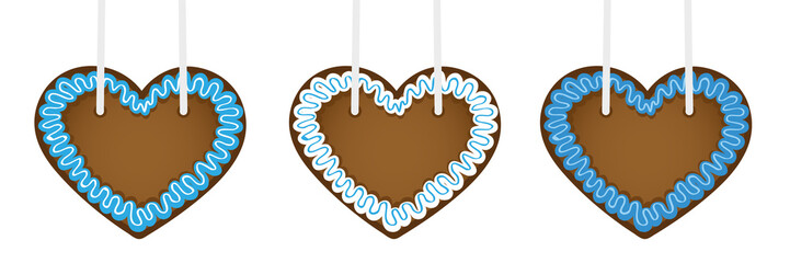 set of three gingerbread hearts in different blue colors