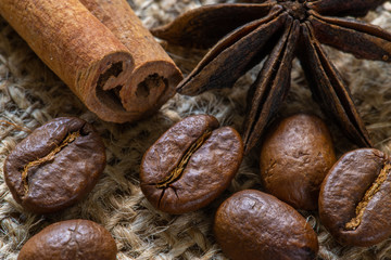 Roasted coffee beans, anise, cinnamon on canvas