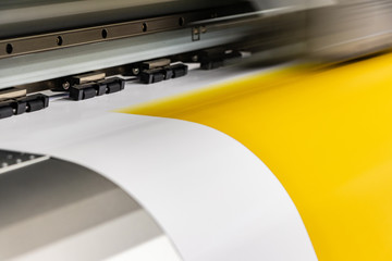 Big professional high quality printer, processing a fine art yellow paper roll with glossy finish for color sampling, before definitve calibration. - obrazy, fototapety, plakaty