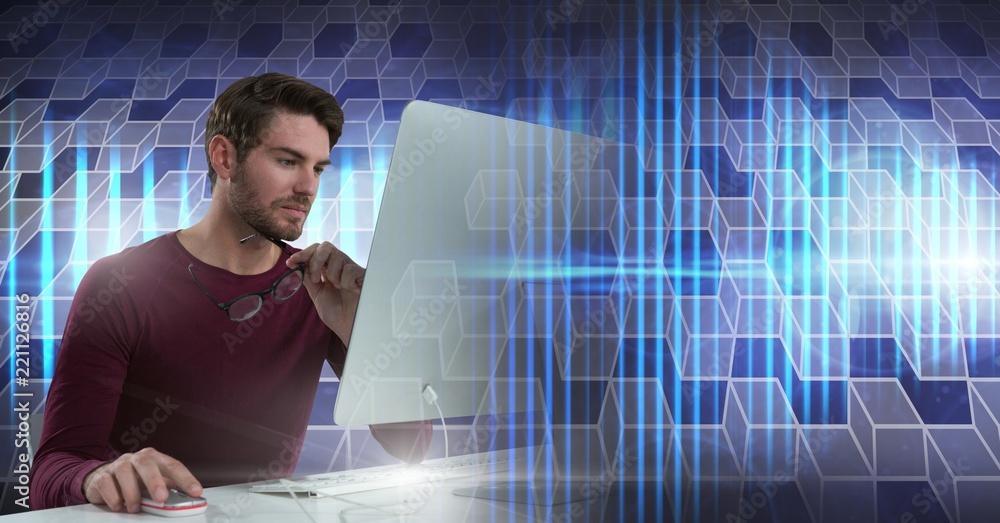 Poster man using computer with geometric transition