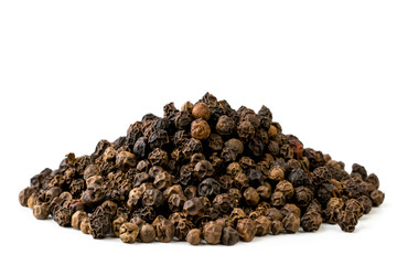 A bunch of black pepper closeup on a white. Isolated
